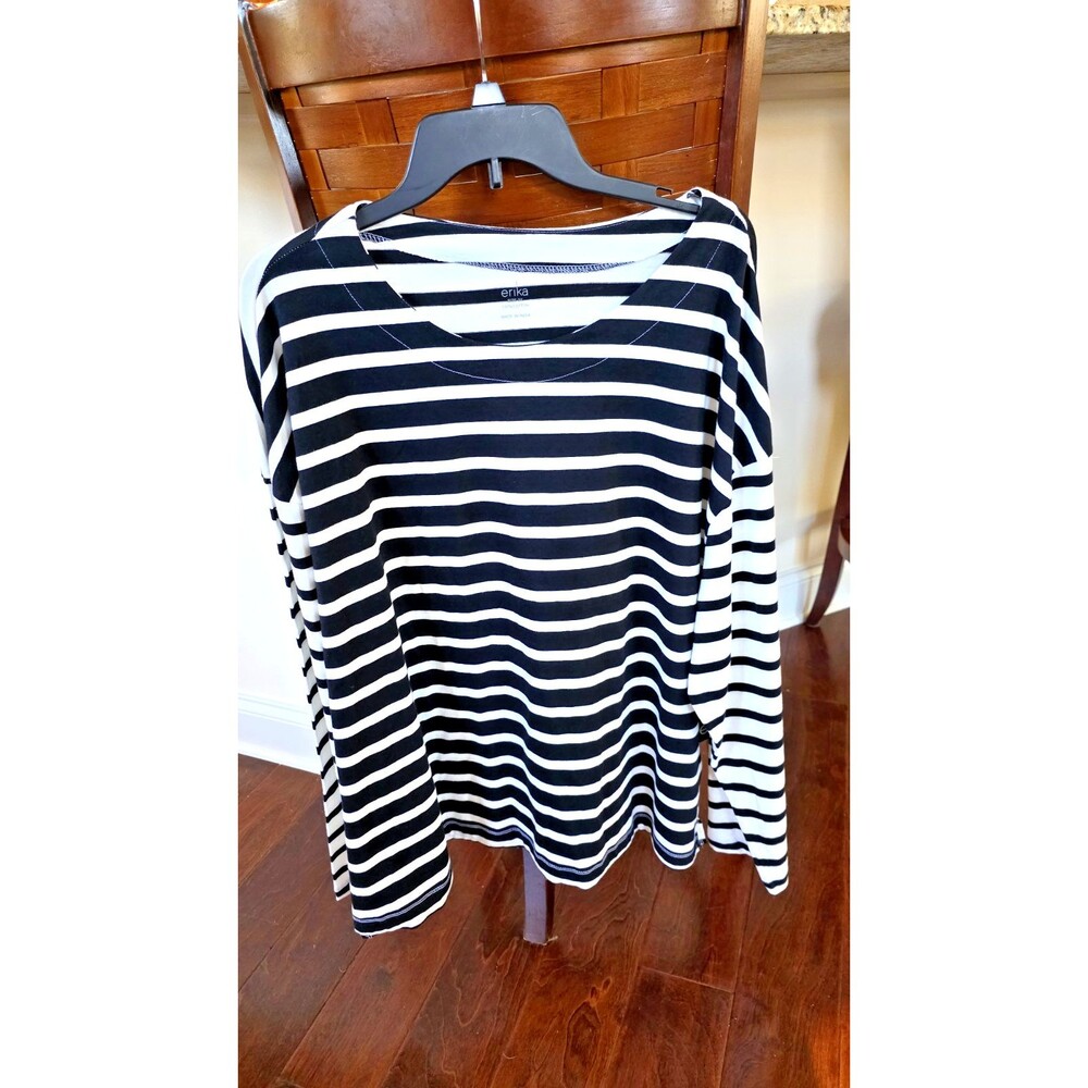 Erica Women's Plus LS Ivory & Black Reverse Stripe Cotton Top 2X NEW